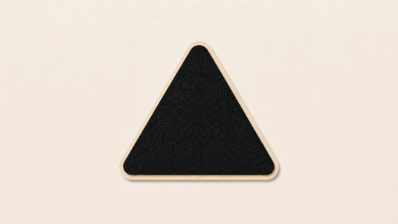 A black felt triangle with rounded corners on cream paper