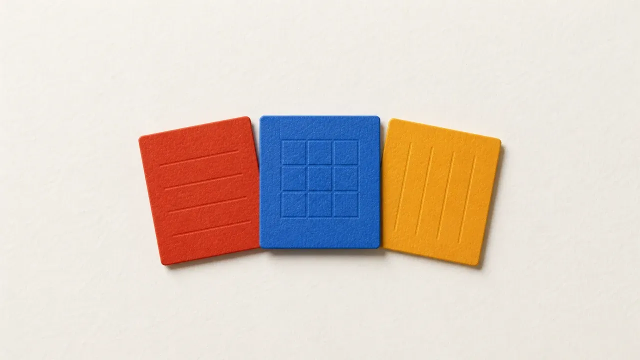 Three colorful paper cards showing different table layouts