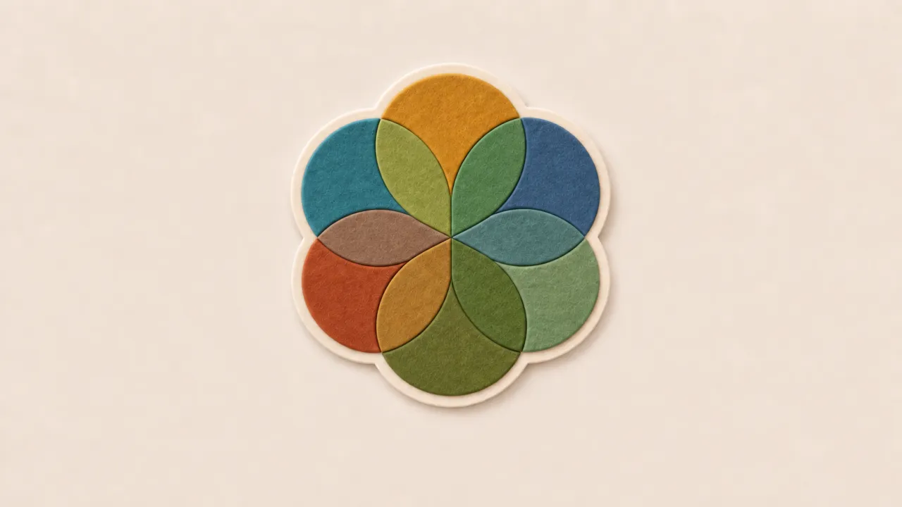 Multicolored felt circles intersecting to form a flower on a cream backing