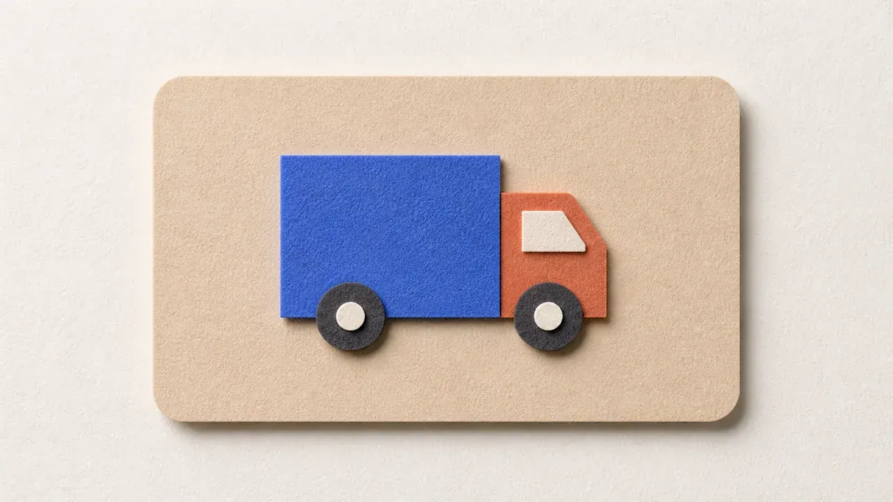A paper cut-out delivery truck with a blue box body and a terracotta cab, on a tan paper card