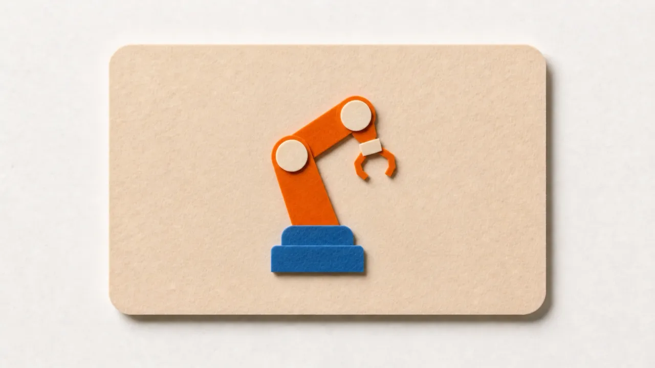 An orange paper robot arm on a blue paper base, on a tan paper card