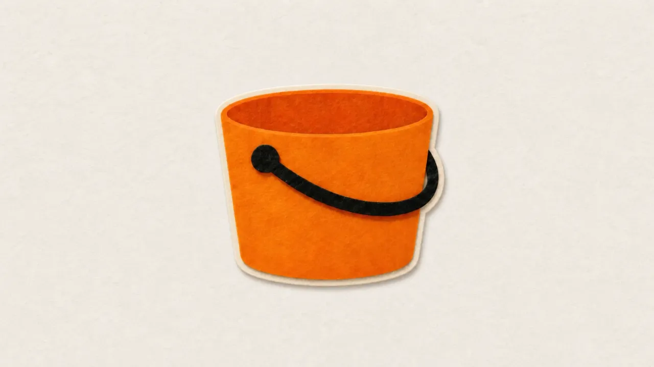 An orange paper bucket with a black handle across its front on a pale paper background