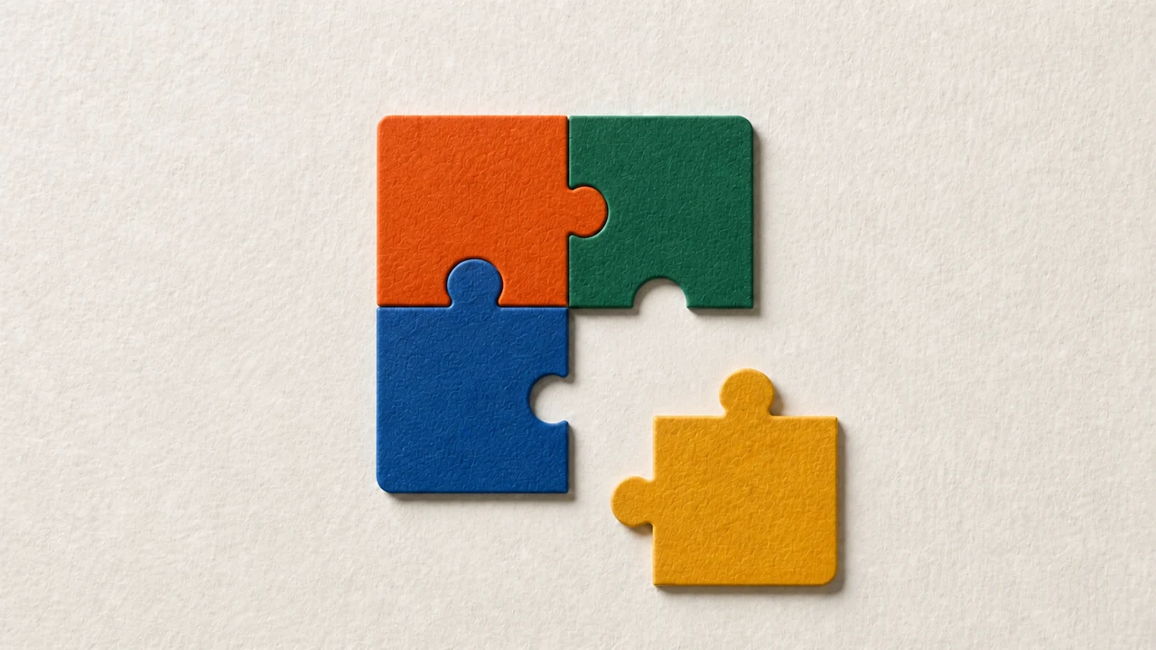 Four colorful paper puzzle pieces with the final yellow piece ready to fit