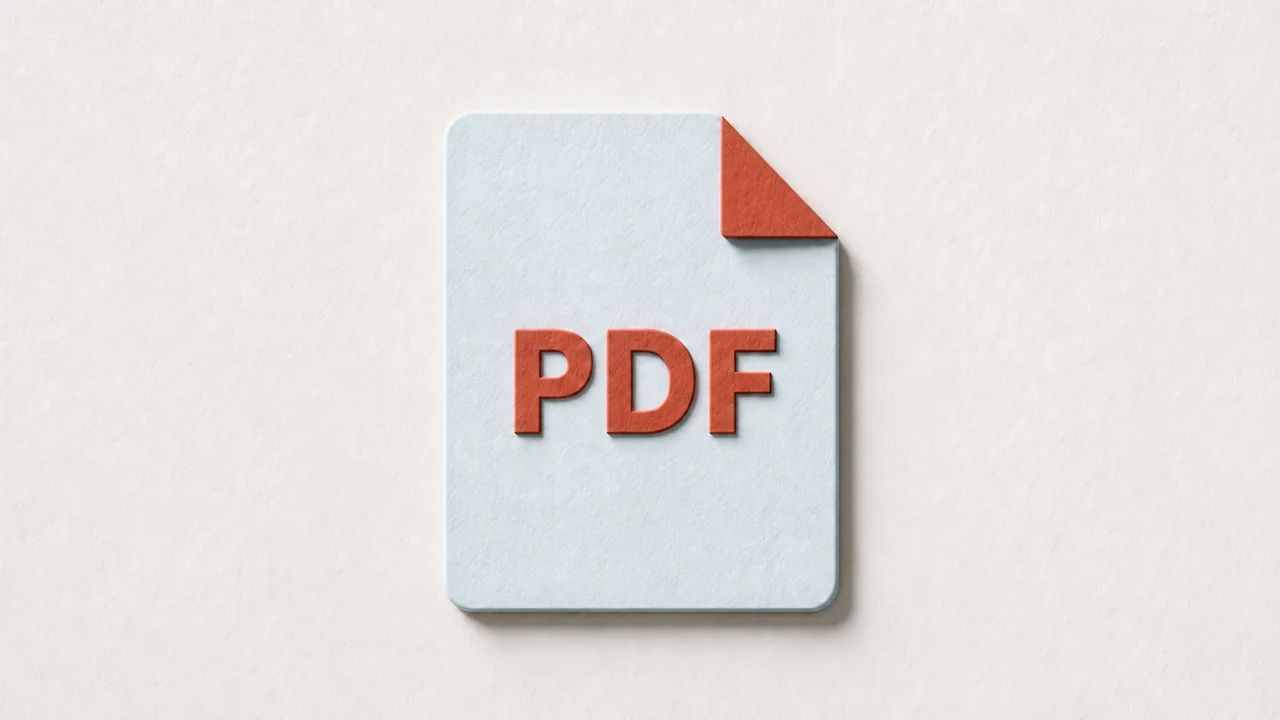 A pale blue paper cutout document with a folded terracotta corner and the letters PDF across it, on cream paper