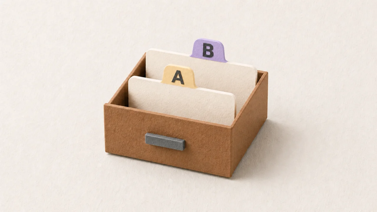 A brown paper cutout card index box holding two cream cards behind yellow and purple tabs lettered A and B, on cream paper