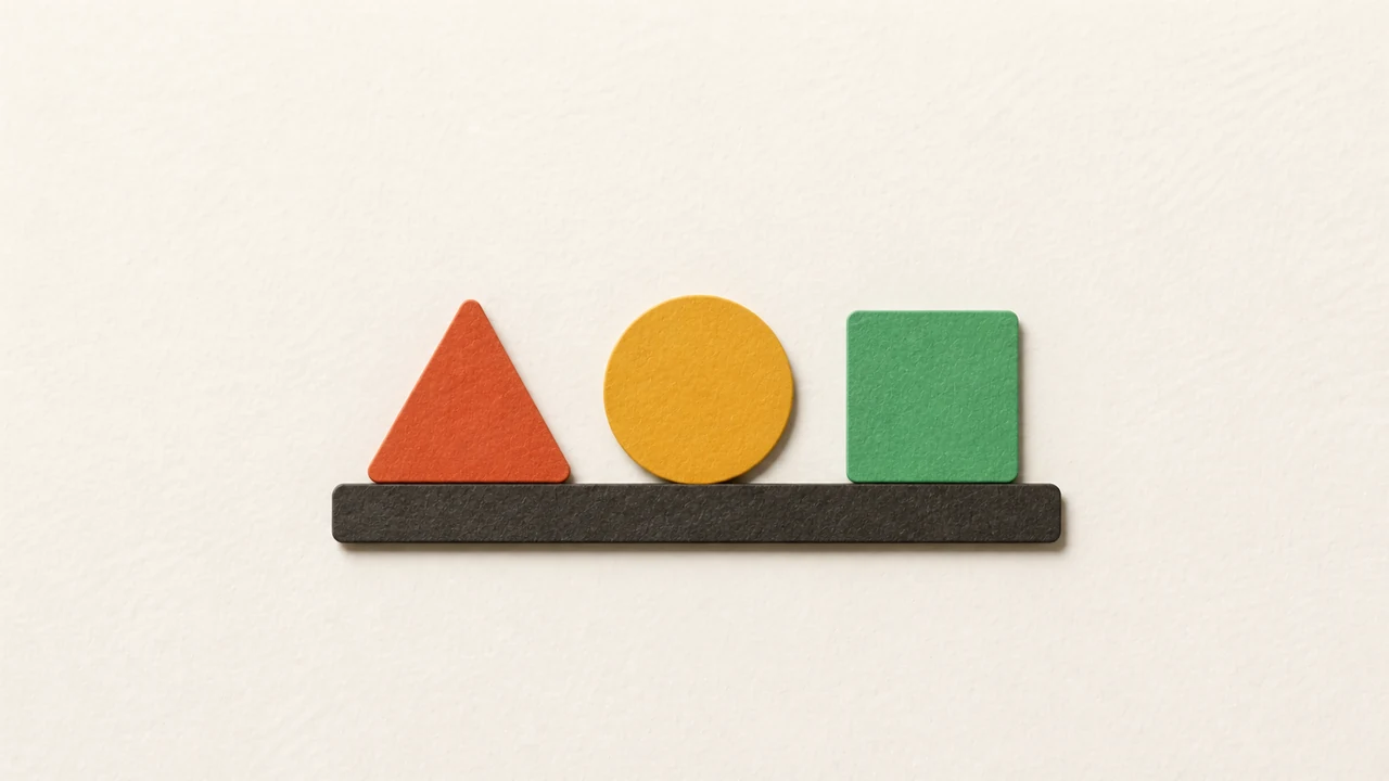 A paper triangle, circle, and square resting in a row on a dark bar